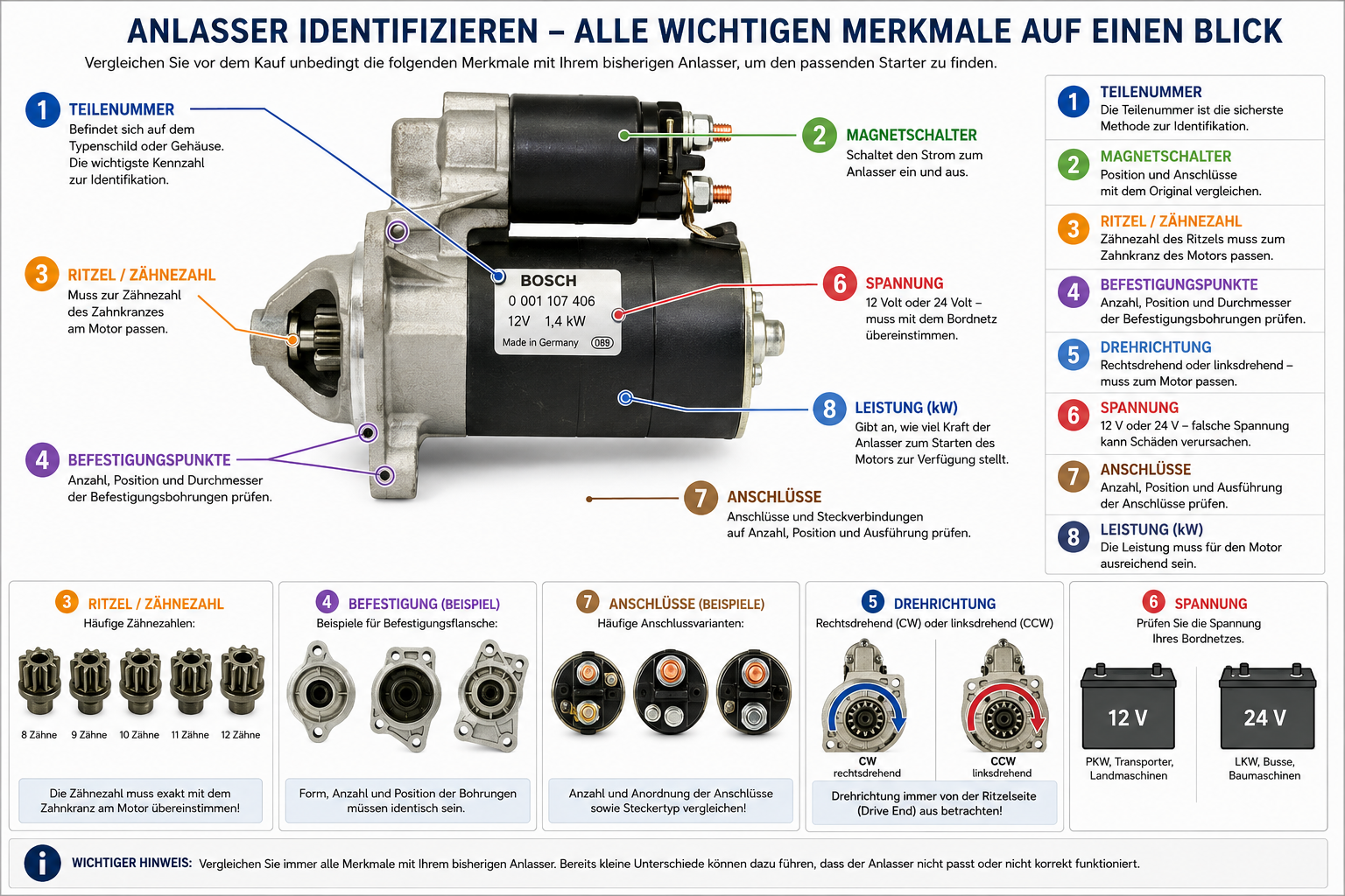 Anlasser identifizieren – wichtige Merkmale wie Teilenummer, Ritzel, Spannung, Drehrichtung und Anschlüsse erklärt