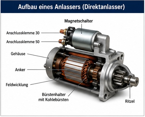 Aufbau eines Direktanlassers mit Magnetschalter, Anker, Feldwicklung, Kohlebürsten und Ritzel
